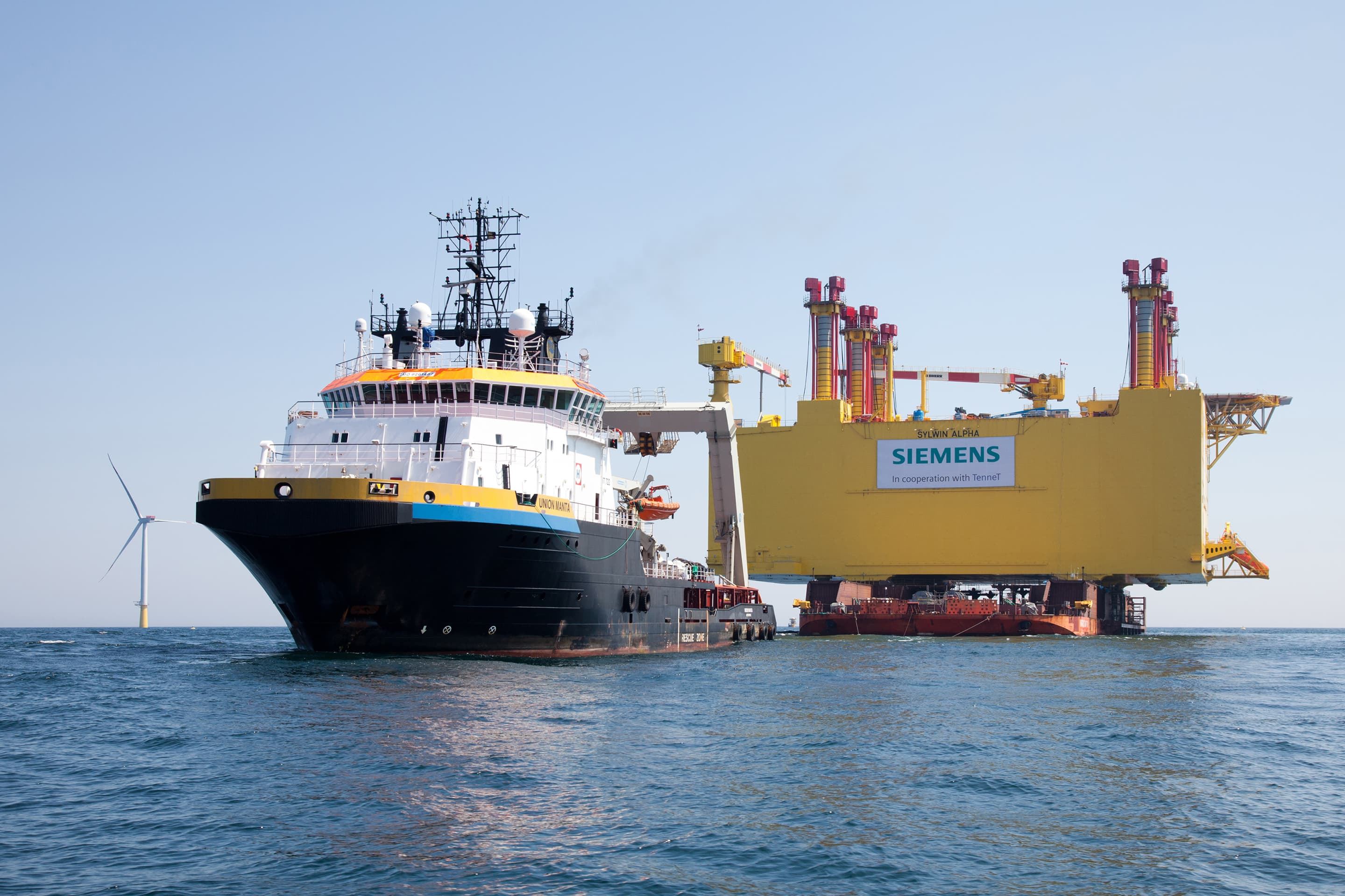 Towage of the SylWin Alpha platform by anchor handling tug Union Manta