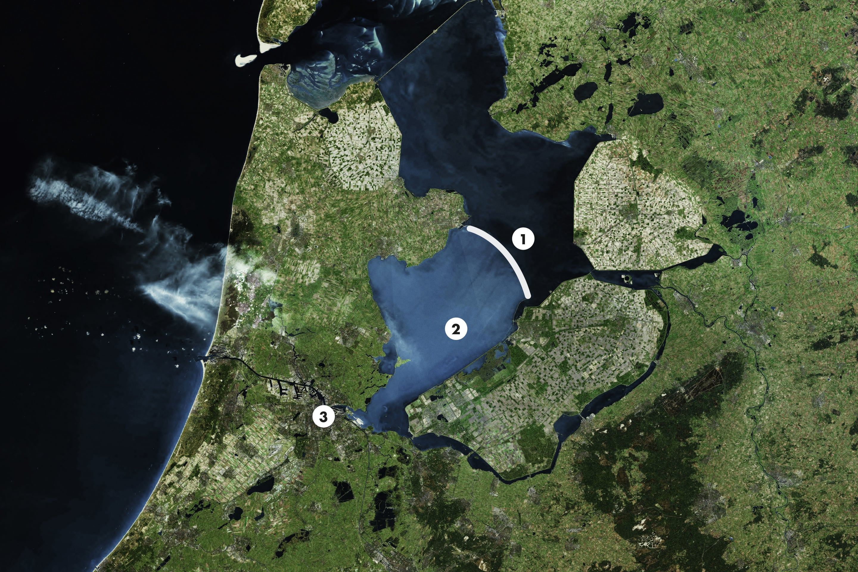 <strong>1</strong> Houtrib dike, <strong>2</strong> Markermeer lake, <strong>3</strong> Amsterdam